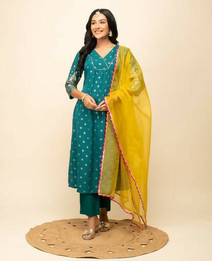 FIORRA Women's Teal Blue Crepe A-Line Kurta Pant with Dupatta - Distacart