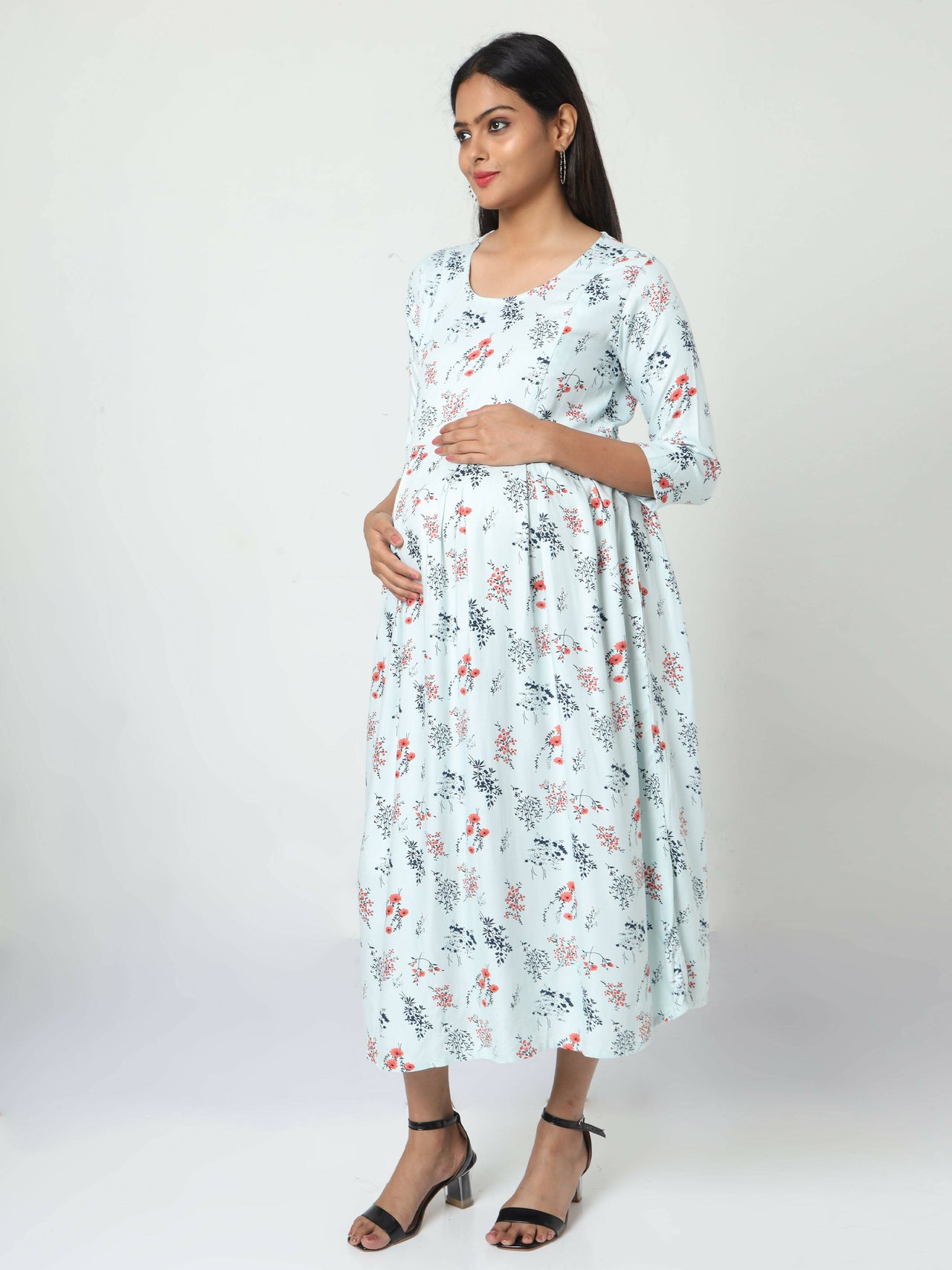 Manet Three Fourth Maternity Dress Floral Print With Concealed Zipper Nursing Access - Pista Green - Distacart