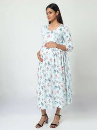 Thumbnail for Manet Three Fourth Maternity Dress Floral Print With Concealed Zipper Nursing Access - Pista Green - Distacart