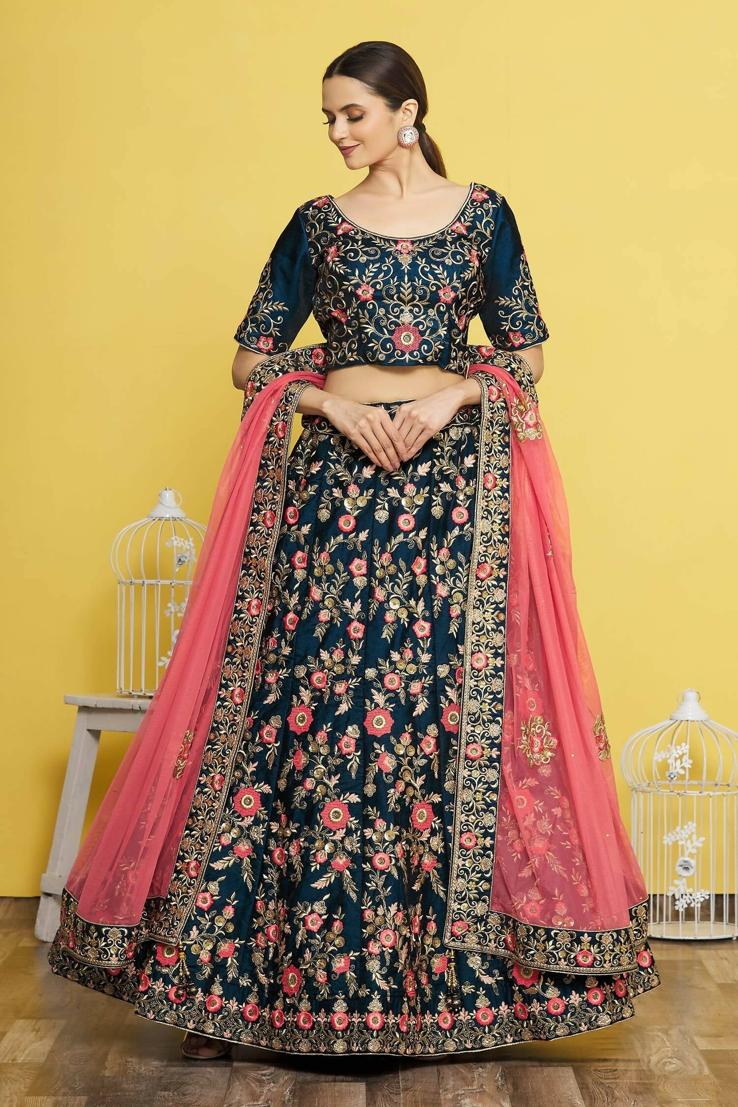 Blue Silk Semi-Stitched Wedding Bridal Lehenga - Nimaya - Distacart