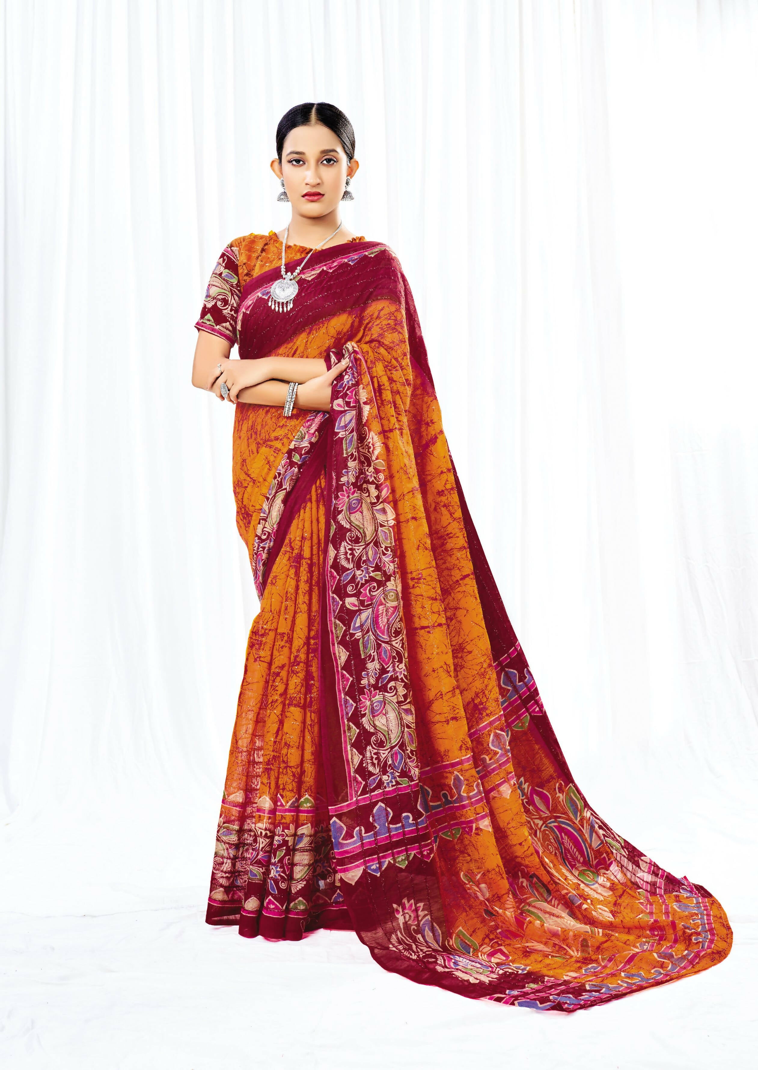 Orange Chanderi Cotton Floral Printed Saree With Unstitched Blouse Piece - Kathika - Distacart