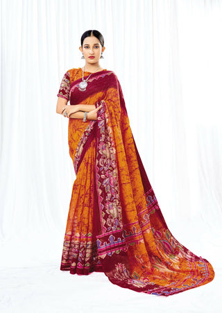 Orange Chanderi Cotton Floral Printed Saree With Unstitched Blouse Piece - Kathika - Distacart