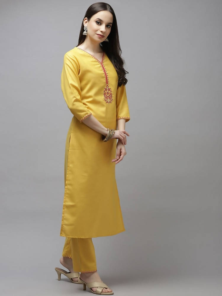 Yufta Women Mustard Yellow Layered Thread Work Kurta with Trouser and Dupatta