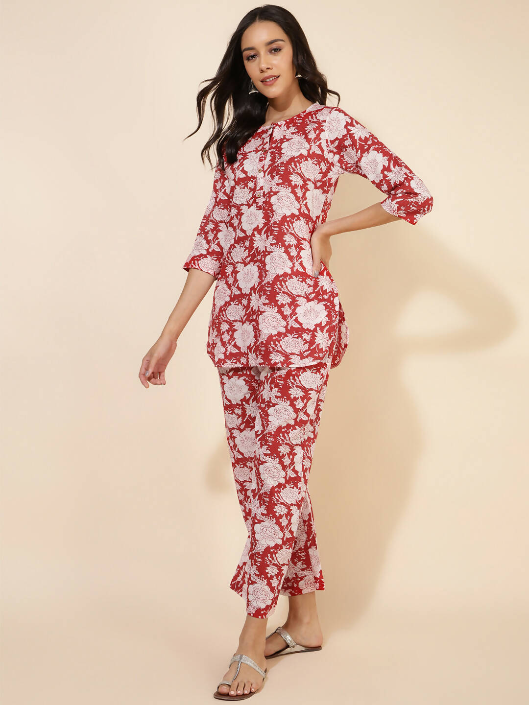 Janasya Women's Red Cotton Cambric Floral Printed Casual Straight Top Set - Distacart