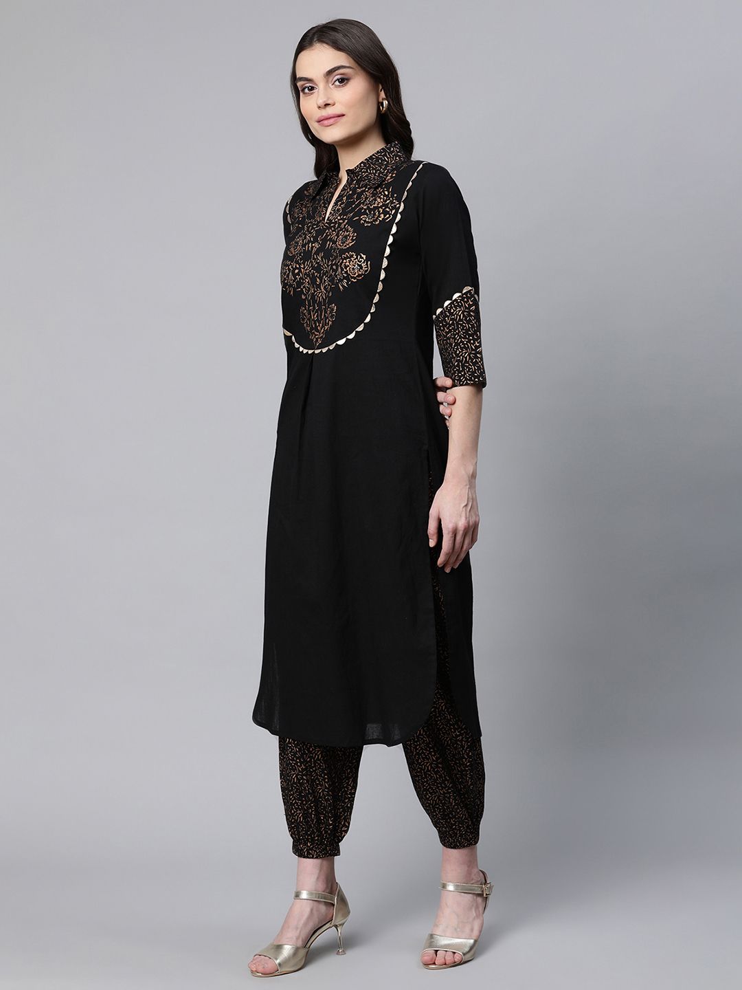 Ahalyaa Women Black Colour Pure Cotton Printed Kurta Pant Set - Distacart