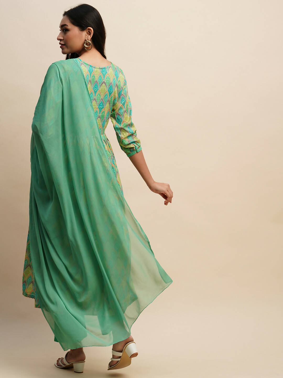 Sea Green Pure Cotton Bandhani Printed Naira Cut Kurta And Bottom With Dupatta - Akashara - Distacart