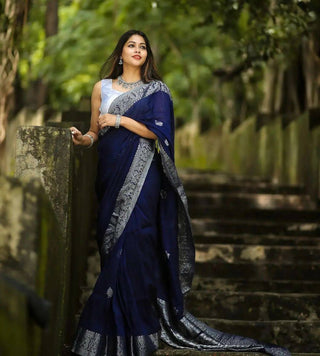 DEIANA'S Beautiful Golden Jari with New Design Soft Lichi Silk Saree - Navy Blue - Distacart