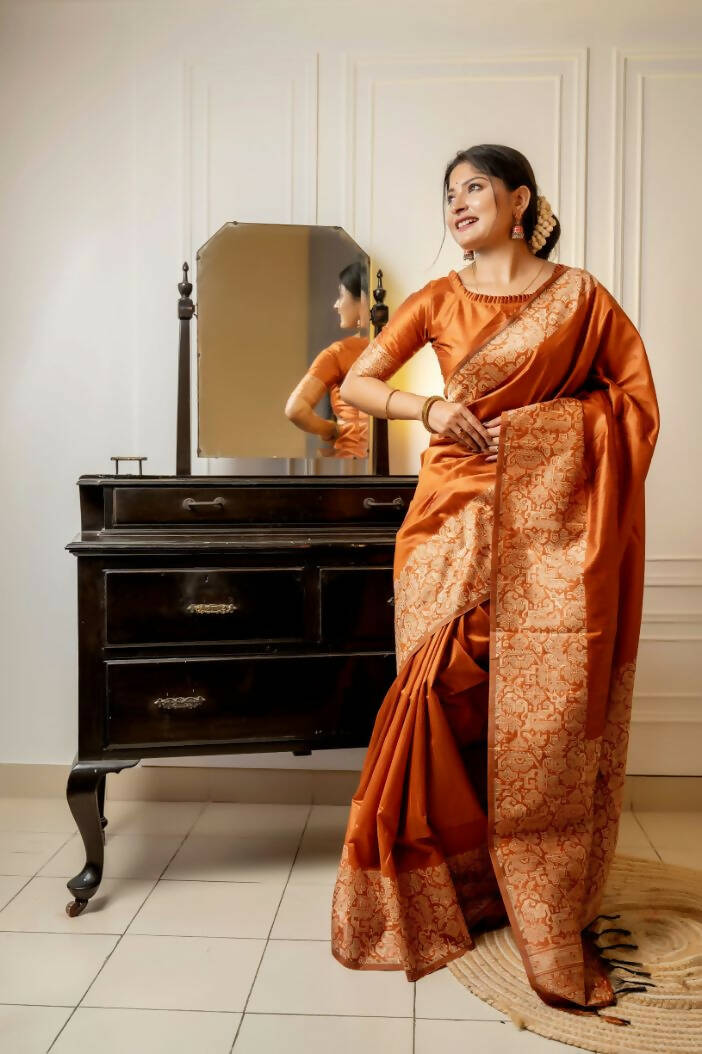 Vishnu Weaves Women's Orange Handloom Raw Silk Woven Border Saree with Unstitched Blouse - Distacart