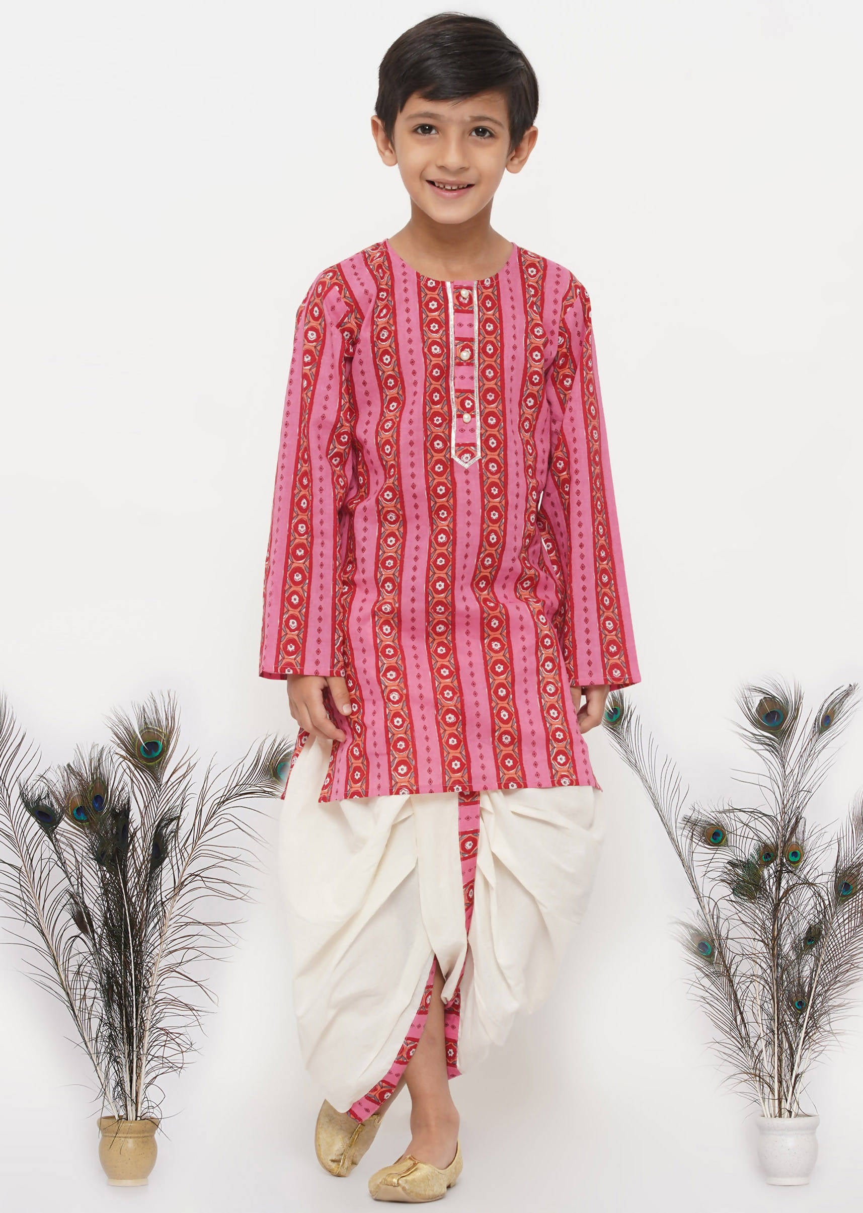 Little Bansi Cotton Striped Kurta with Pearl Buttons & Dhoti -Pink & Cream - Distacart