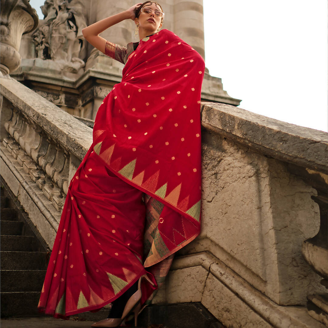 Chilli Red Handloom Khaddi Silk Saree With Contrast Pallu & Blouse - Rajtex Khwaab Silk - Distacart