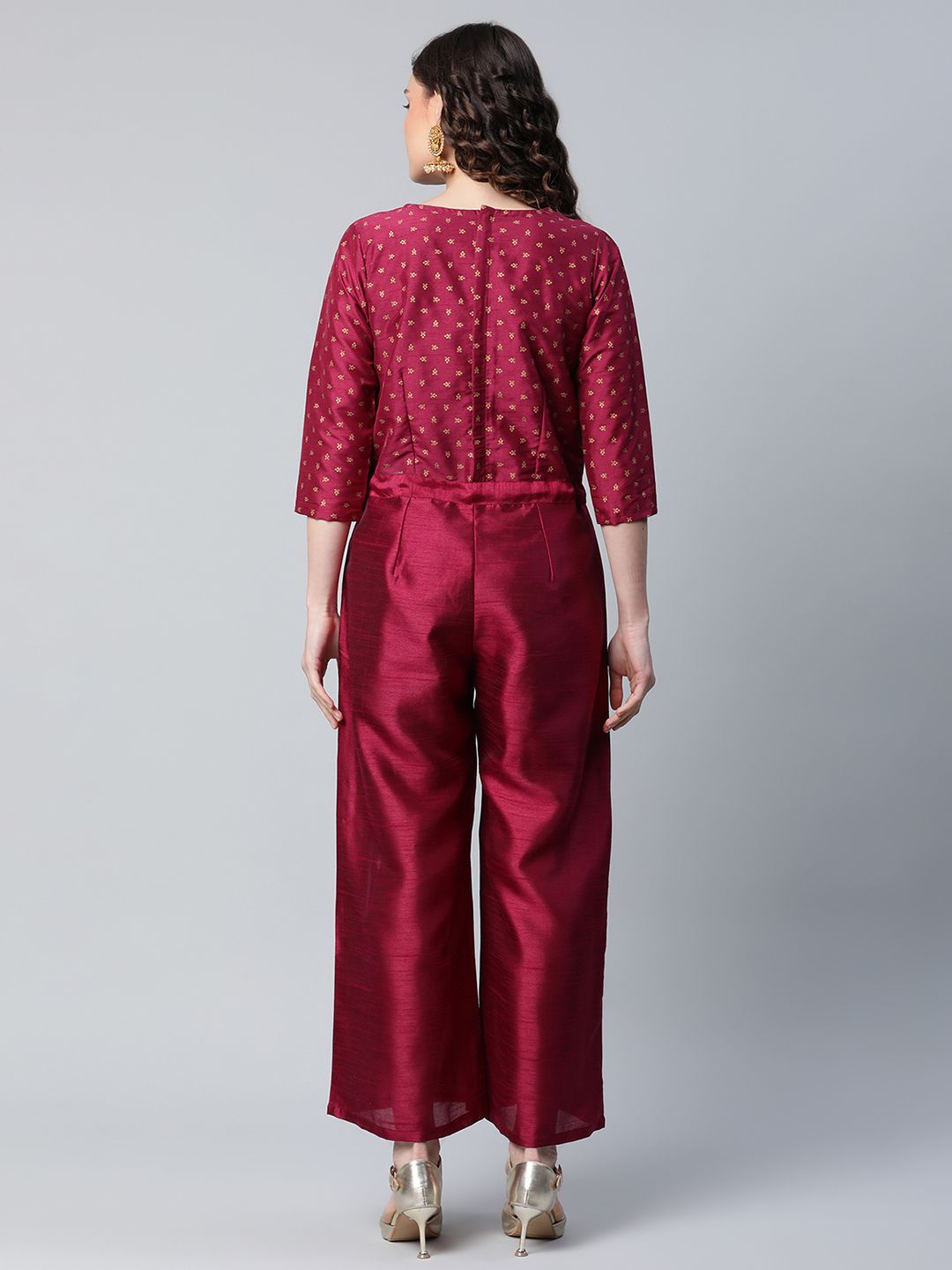 Ahalyaa Womens Burgundy crepe Printed Jumpsuit