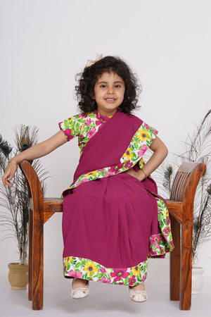 Little Bansi Floral Print Ready to Wear Saree and Floral Blouse - Magenta - Distacart
