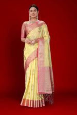 Thumbnail for Yellow Soft Organza Woven Design Saree With Unstitched Blouse Piece - Zaara - Distacart