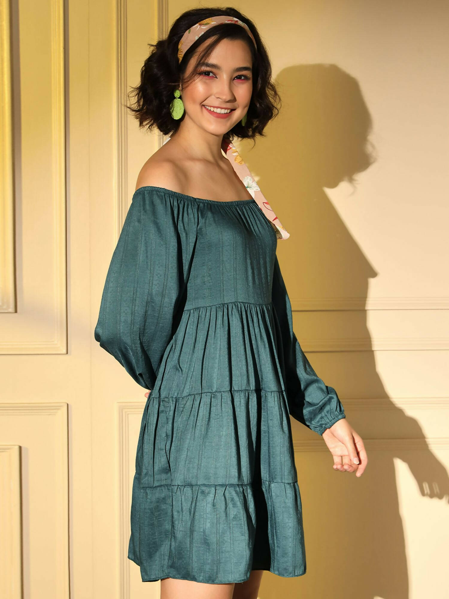 Teal Viscose Solid Design Flared Dress - Shivani - Distacart