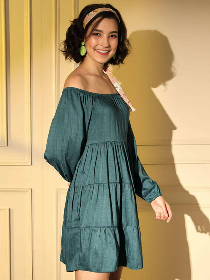 Teal Viscose Solid Design Flared Dress - Shivani - Distacart