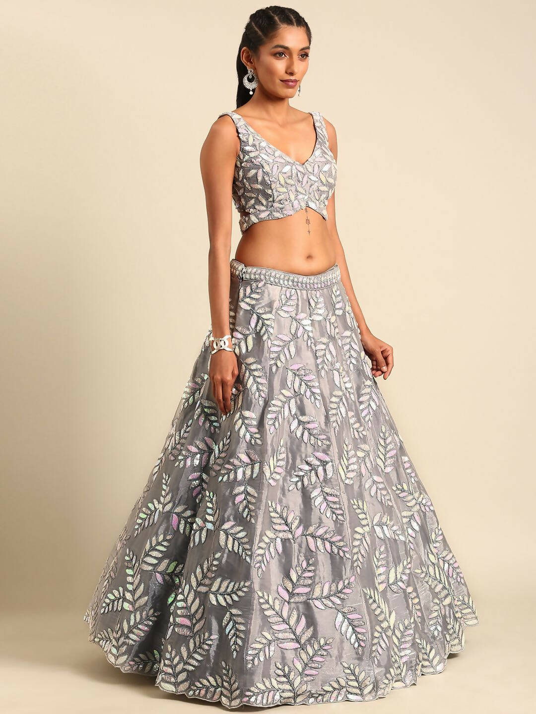 House of Panchhi Grey Organza Sequins & Zarkan embroidery Lehenga choli & Dupatta - Distacart