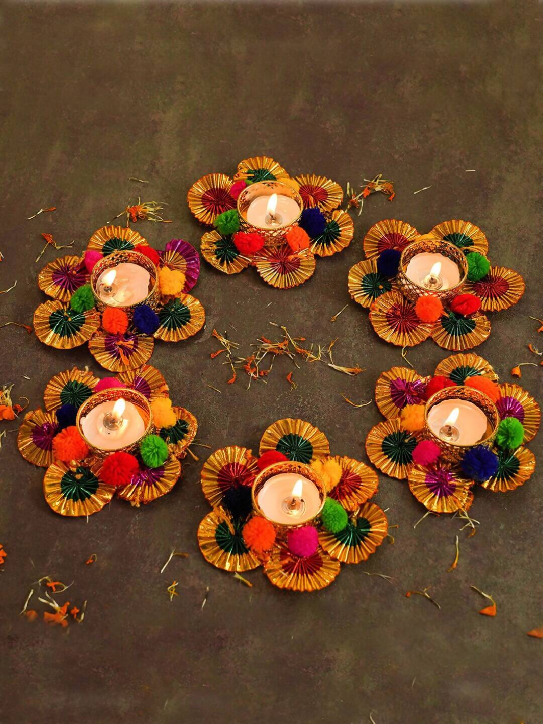 Tied Ribbons Multi Set of 6 Diwali Decoartion Flower Tealight Candle Holder - Distacart