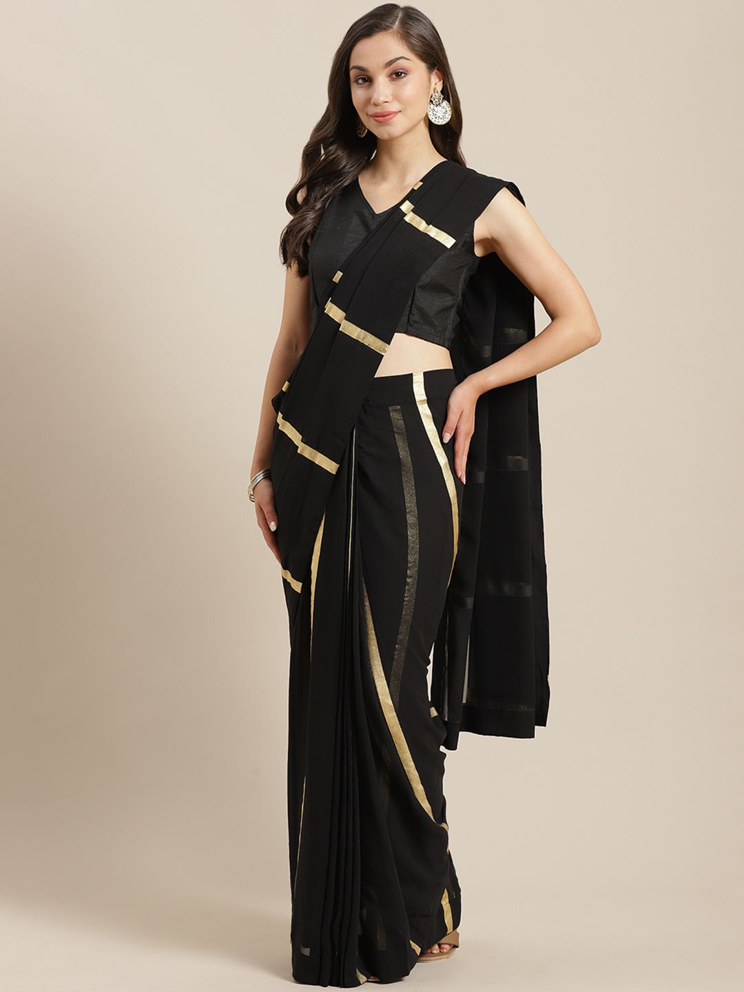 Ahalyaa Women's Black Georgette Gold Print Ready to Wear Saree