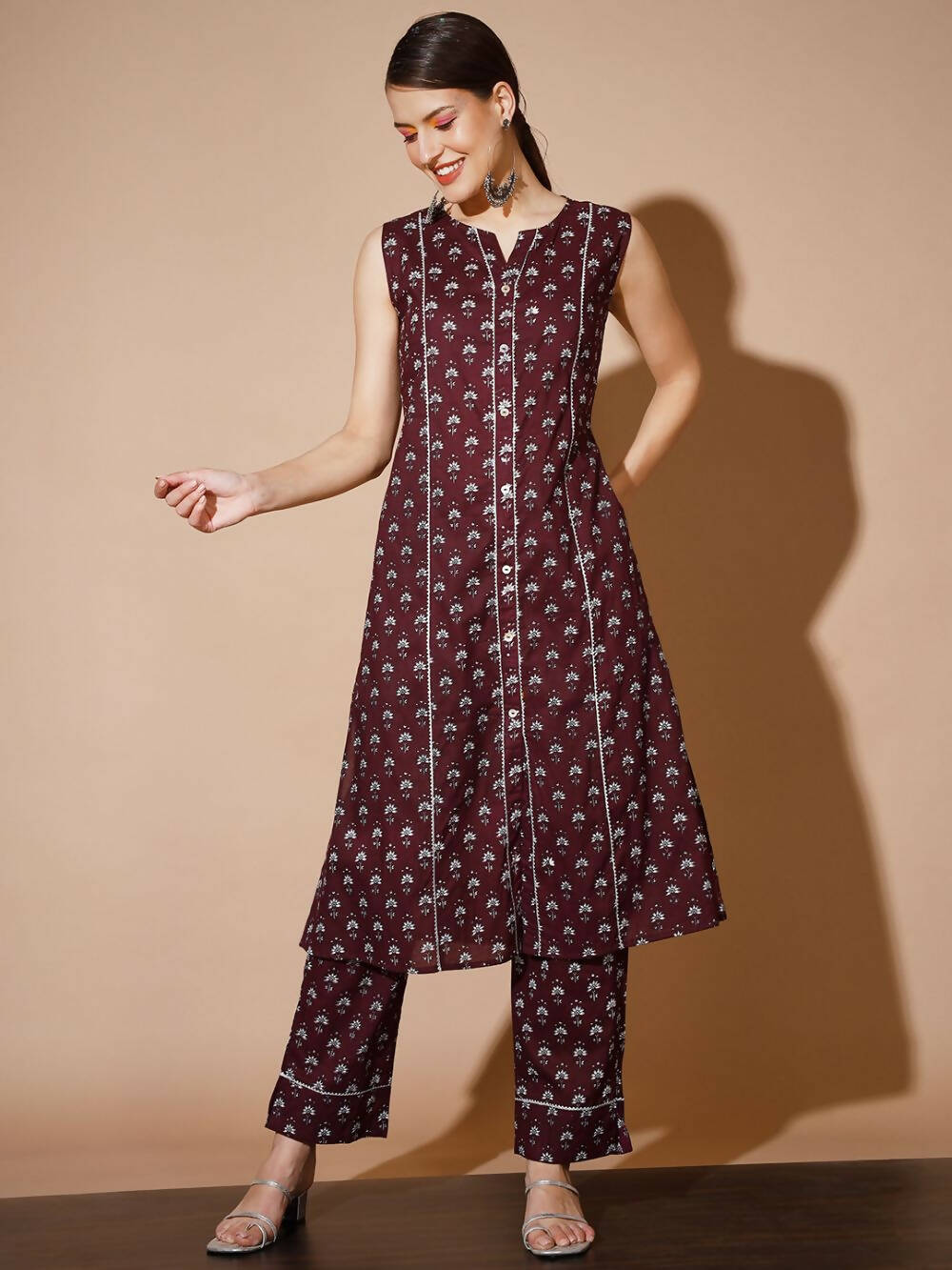 Myshka Women Rust Floral Kurta & Trousers - Distacart
