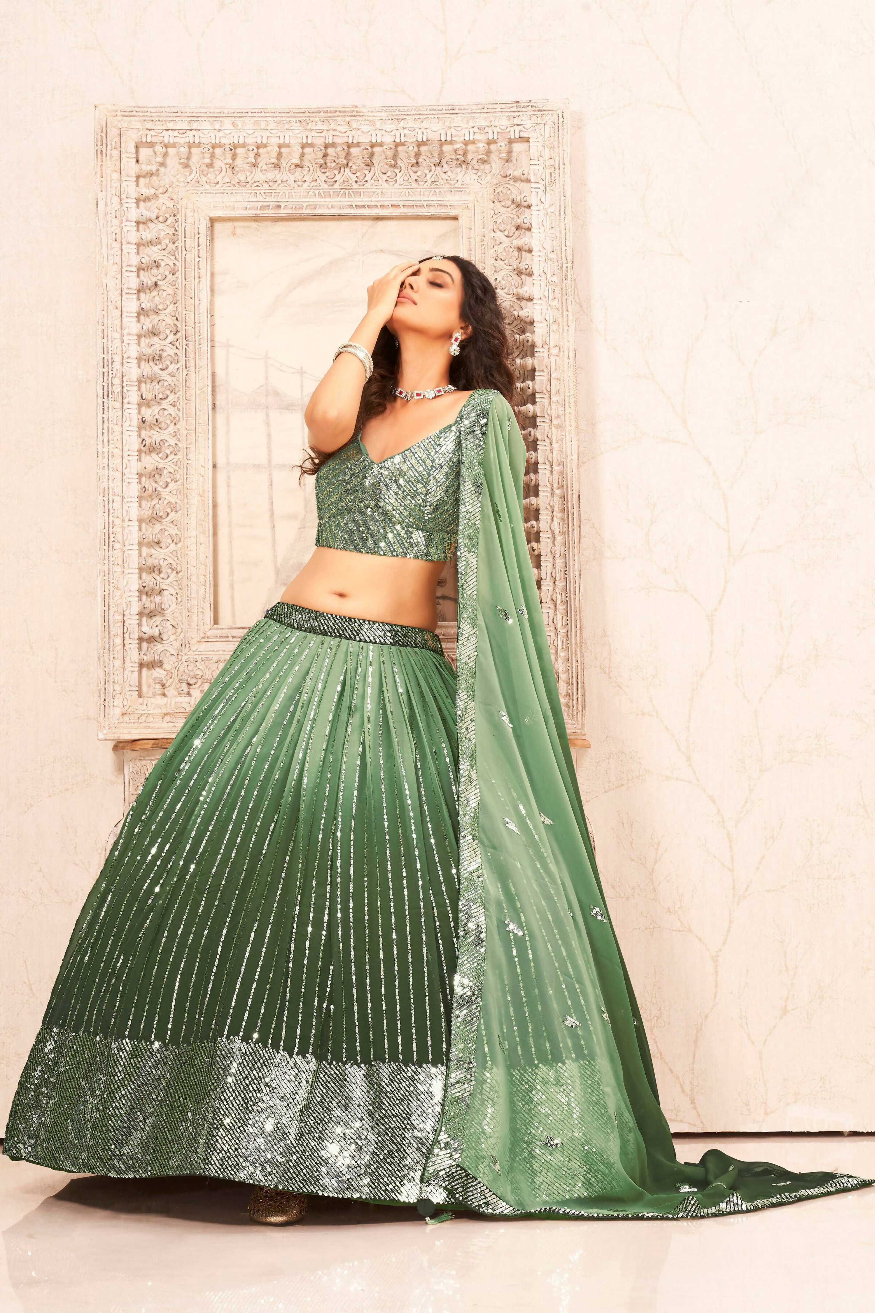 Green Faux Georgette Heavy Sequence work Lehenga Choli with Dupatta - Dhvani - Distacart