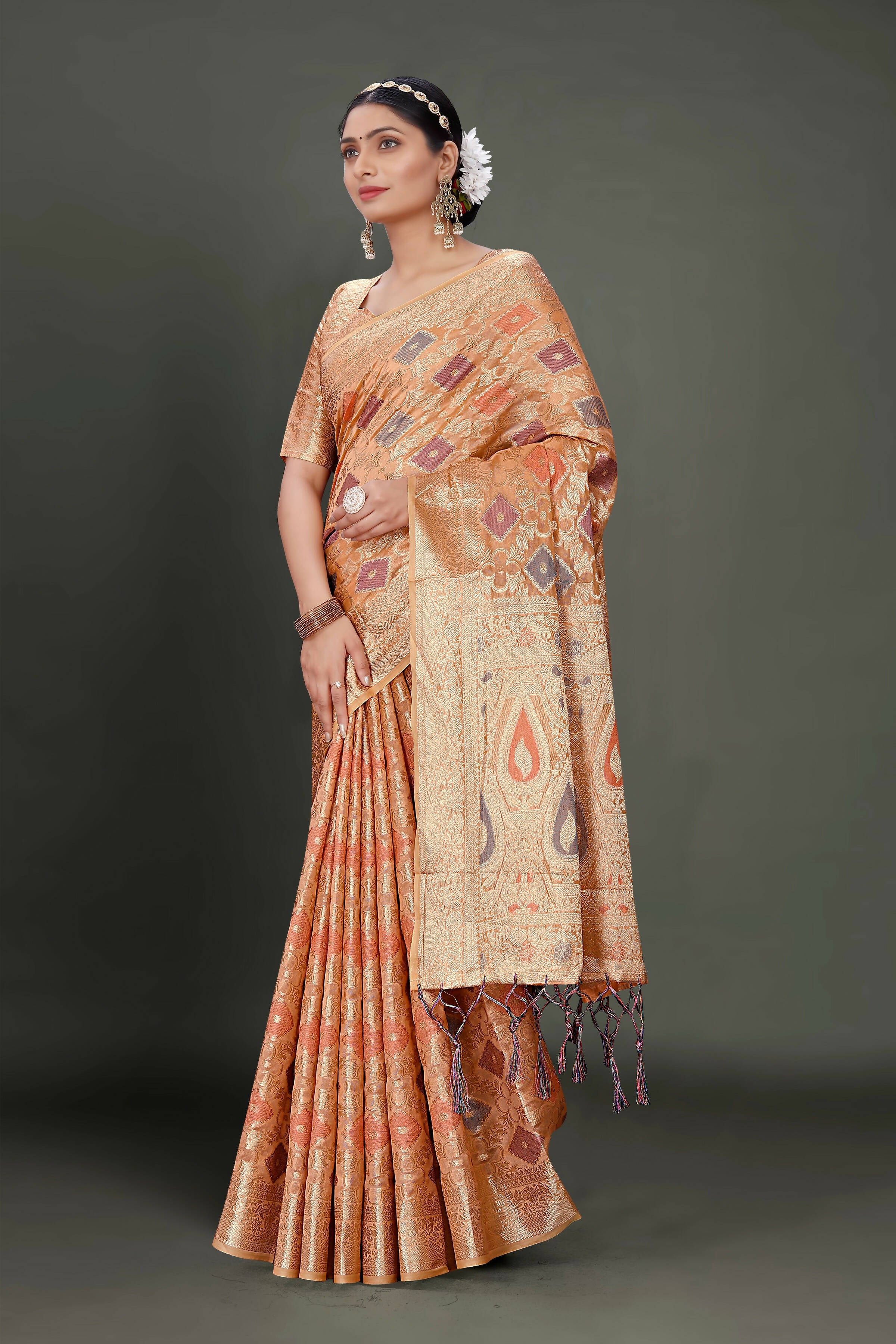 Peach Soft Organza Woven Design Saree With Unstitched Blouse Piece - Zaara - Distacart