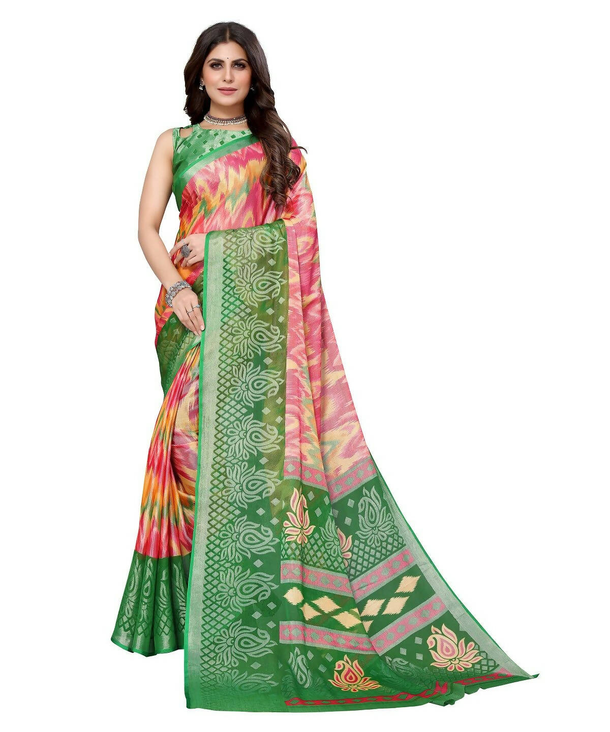 Vamika Pink Chiffon Brasso Bollywood Style Woven Saree (KARUNA GREEN) - Distacart