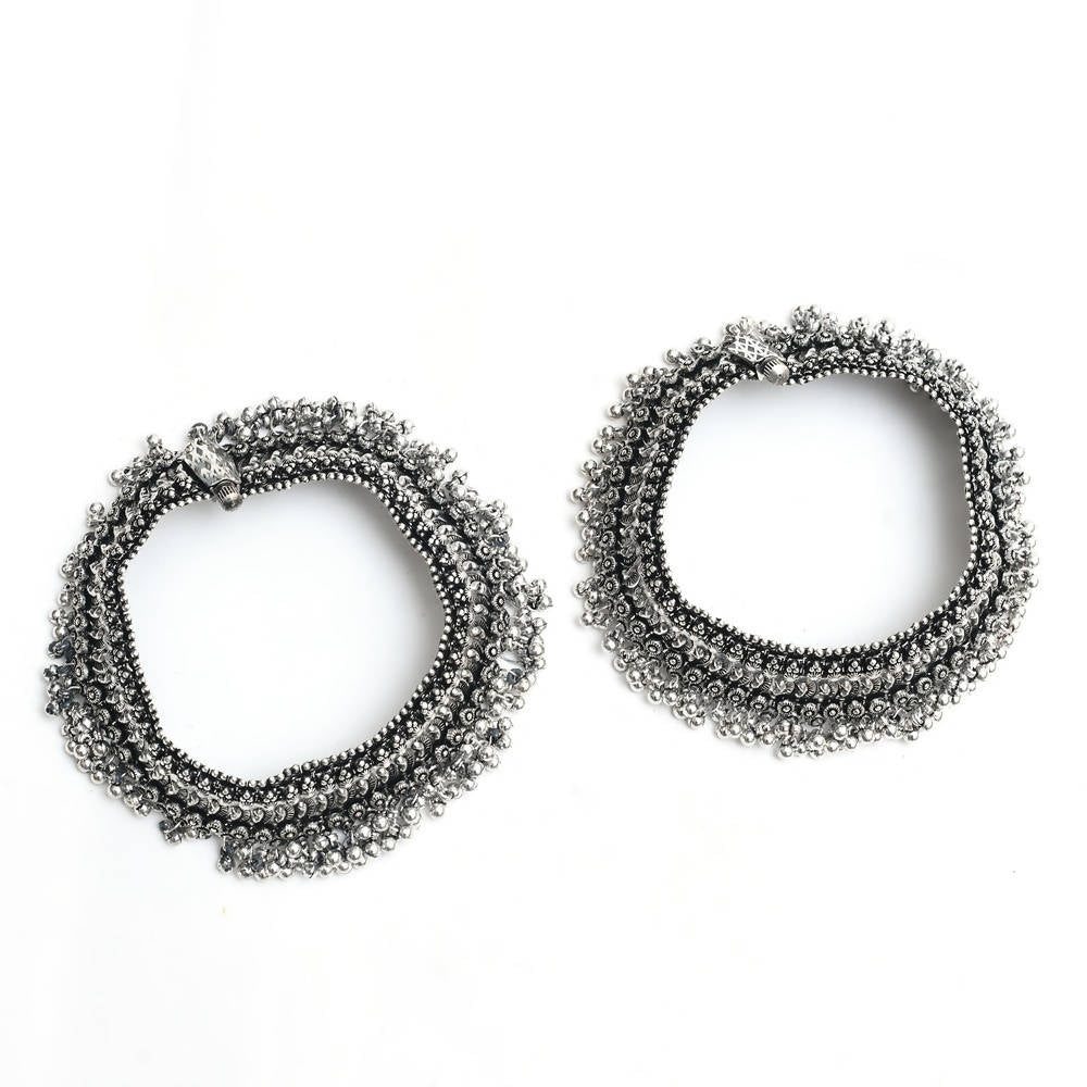 Mominos Fashion Kamal Johar Oxidised Silver Heavy Design Anklets