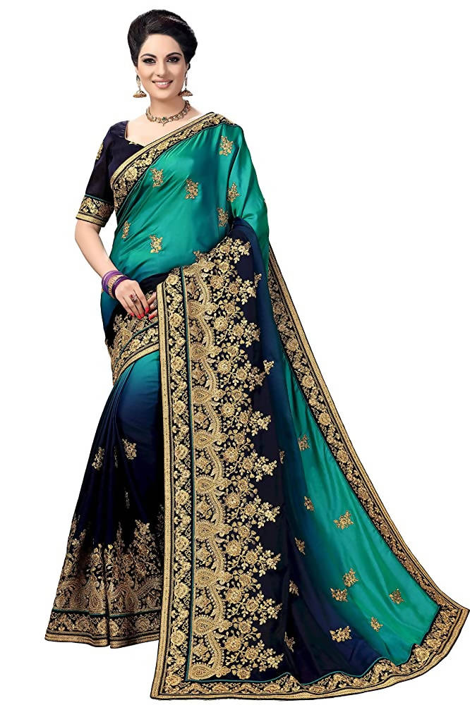 Sarvadarshi Fashion Women's Blue Barfi Silk Heavy lace Embroidery work Saree With blouse piece