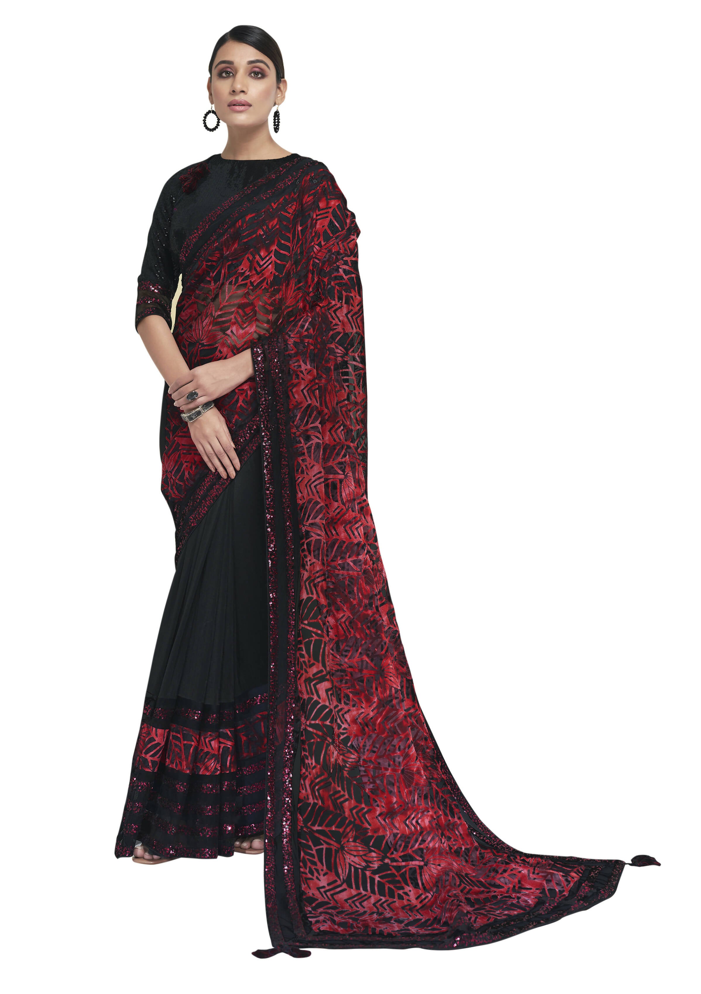 Red & Black Brasso With Crepe Sequence Saree With Blouse Piece - Norita Avyaan - Distacart