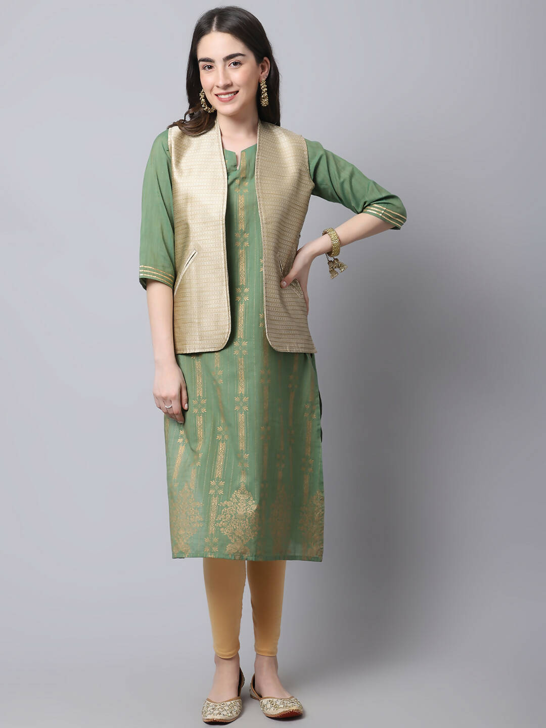 Even Apparels Beige Bansari Silk Open Front Gillet - Distacart