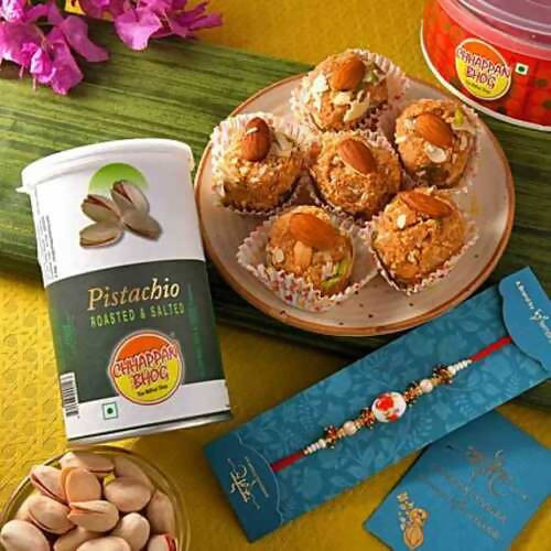 White Pearl Beads Rakhi & Laddu Hamper Combo