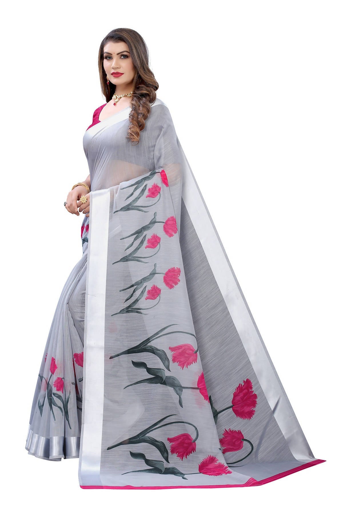 Vamika Grey Linen Satin Patta Saree (VANI GREY) - Distacart