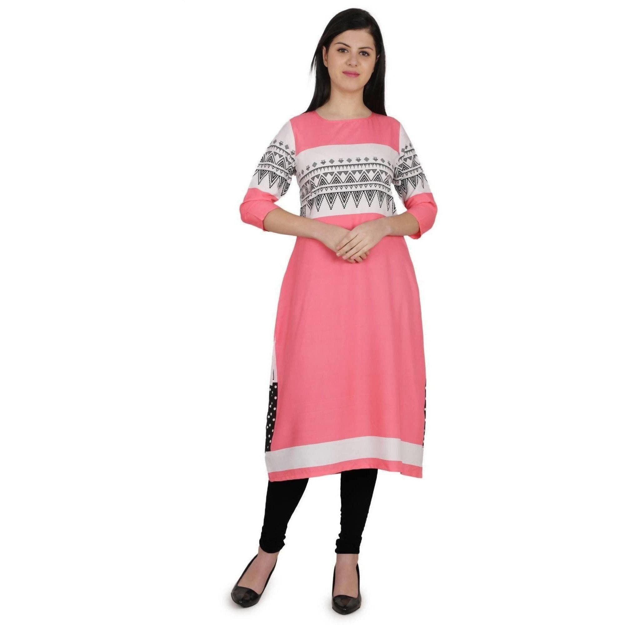 Kanoor Women's pink A line Round neck kurti