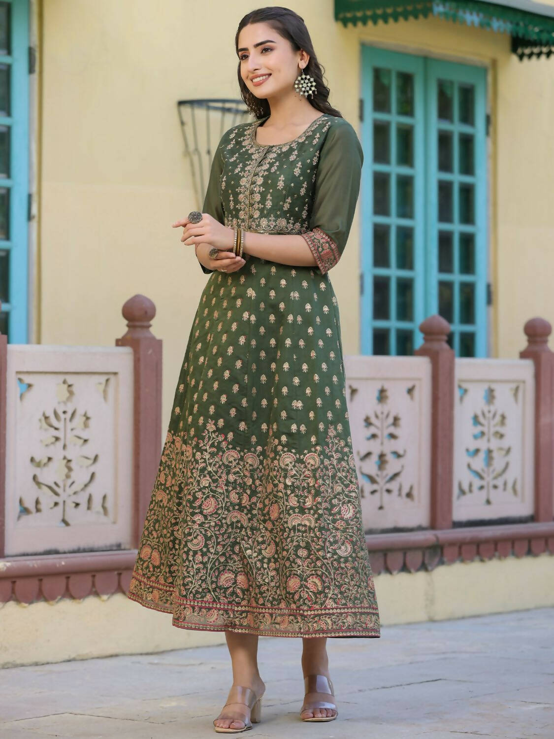 Juniper Women Olive Chanderi Printed Maxi Dress with Embroidered Yoke - Distacart