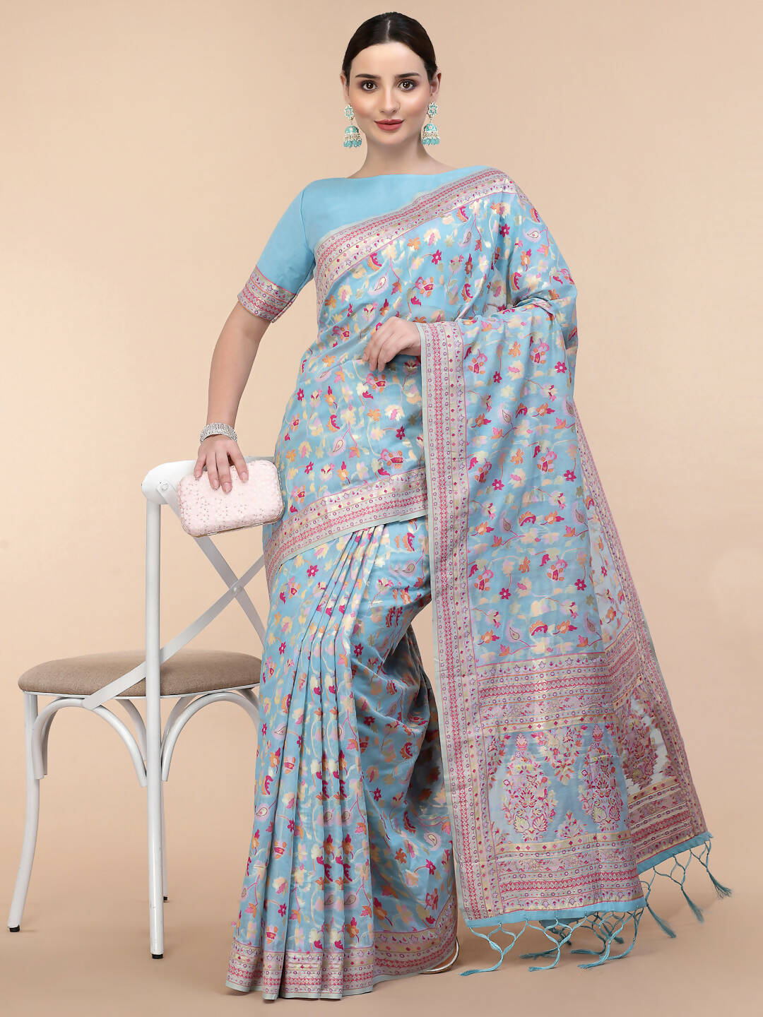 Blue Silk Blend Woven Design Saree With Unstitched Blouse Piece - Aloki - Distacart