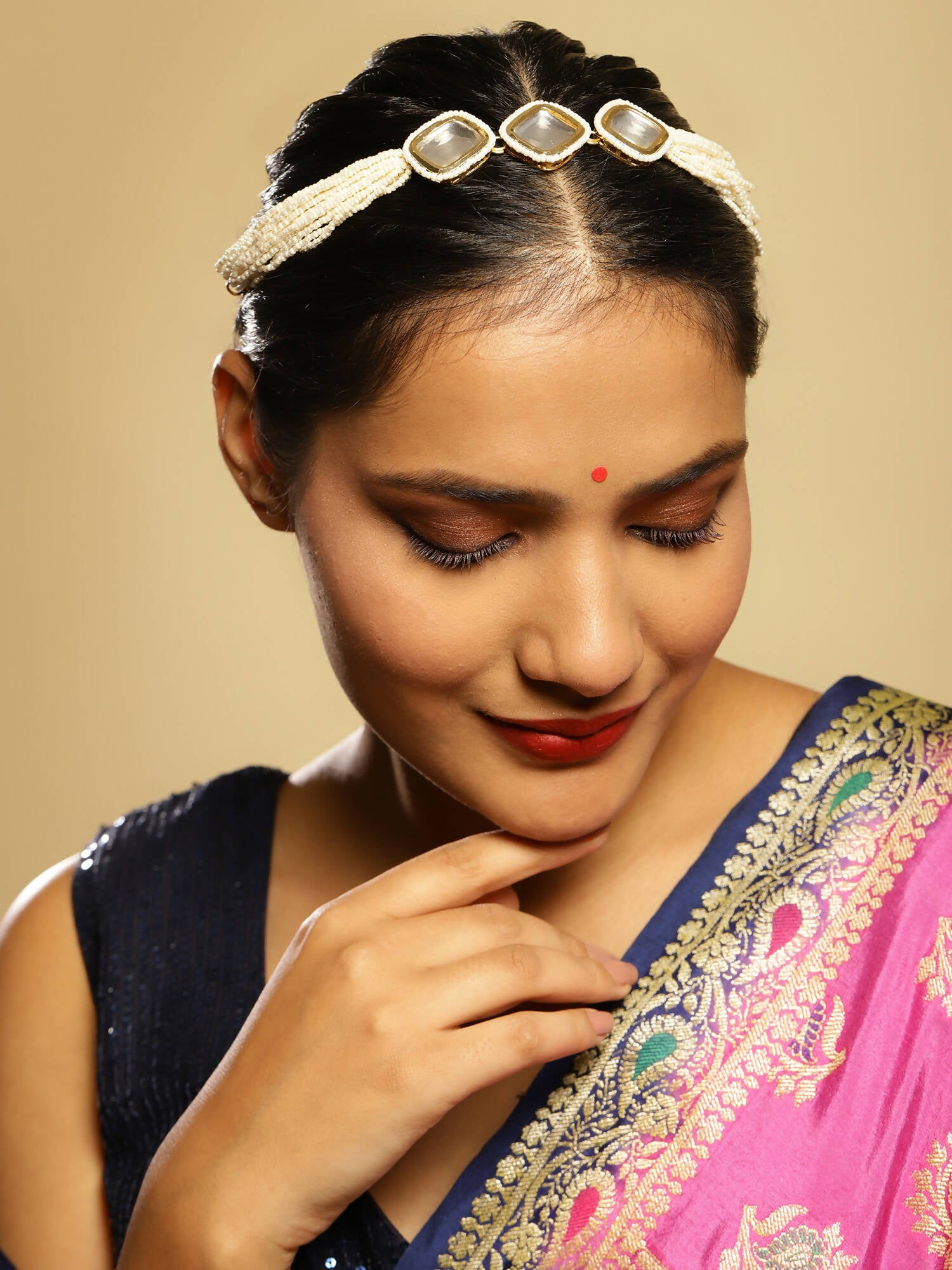 Gold-Plated White Kundan-Studded Pearl Beaded Hair Band - Ruby Raang - Distacart