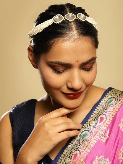 Gold-Plated White Kundan-Studded Pearl Beaded Hair Band - Ruby Raang - Distacart