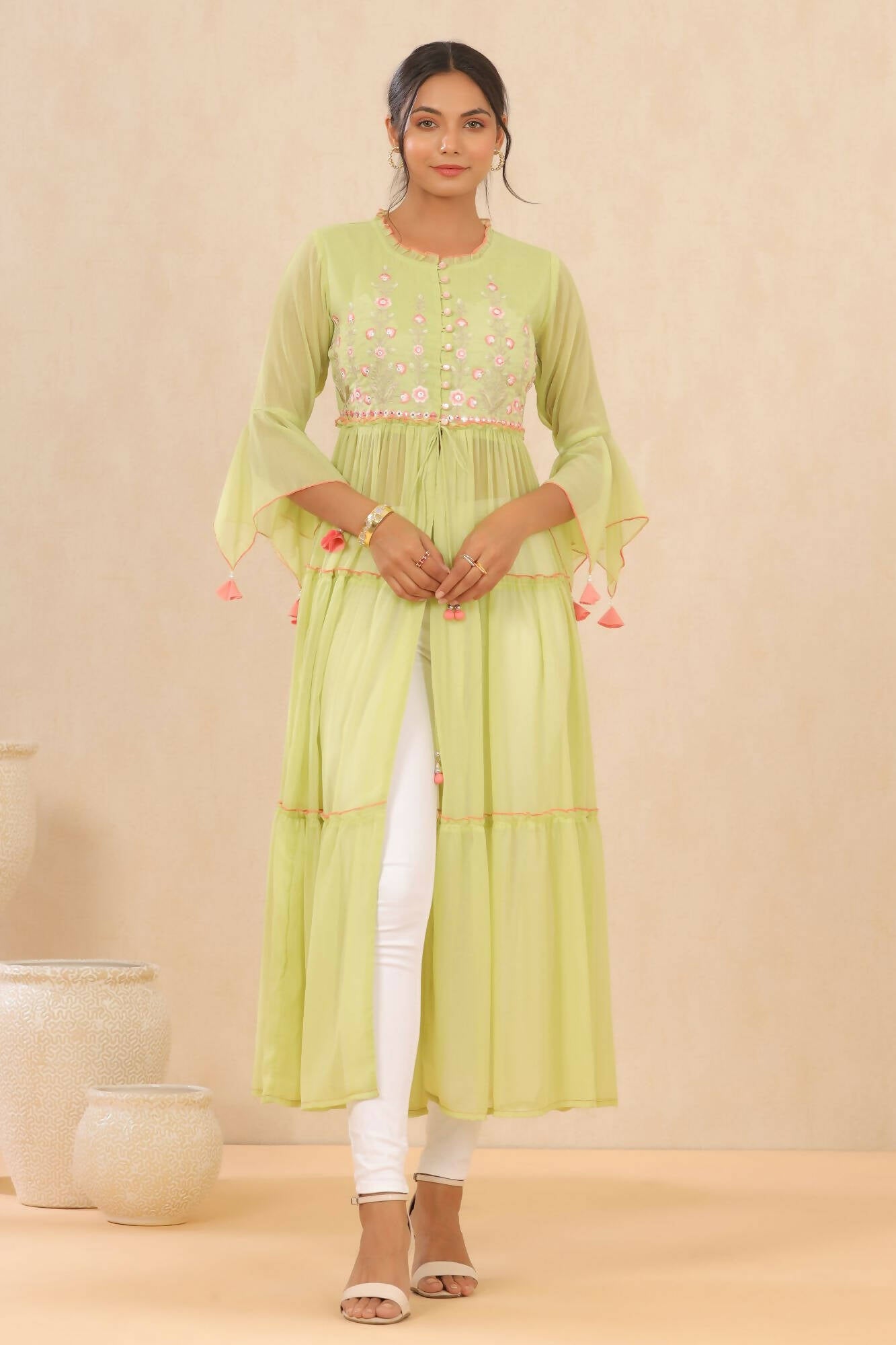 Juniper Women Green Chiffon Embroidered Tiered Kurta - Distacart