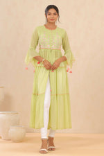 Thumbnail for Juniper Women Green Chiffon Embroidered Tiered Kurta - Distacart
