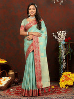 Thumbnail for Lorenvalley Fashion Skyblue Cotton Woven Design with Zari Weaving Design Saree - Distacart