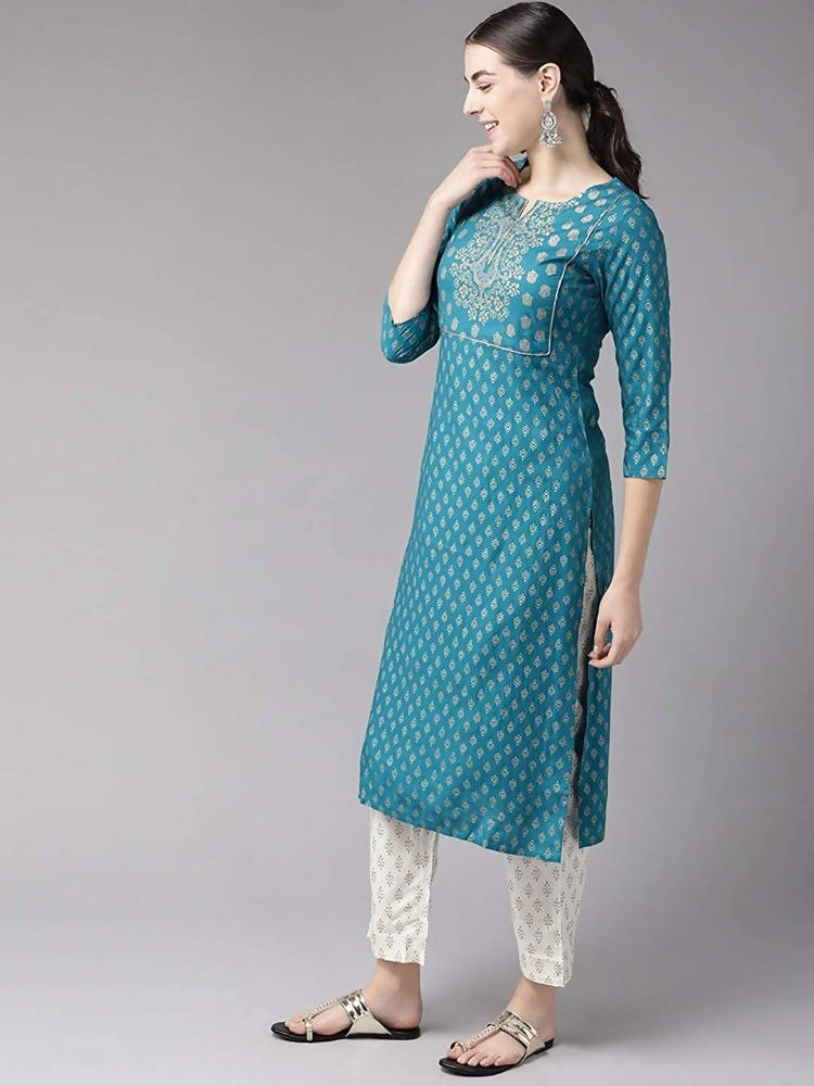 Yufta Women Teal Blue & Golden Printed Kurta with Trouser