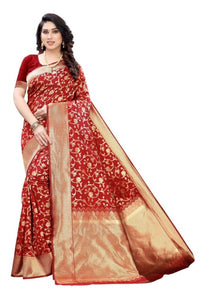 Thumbnail for Vamika Banarasi Jacquard Weaving Red Saree (PARINITI RED)