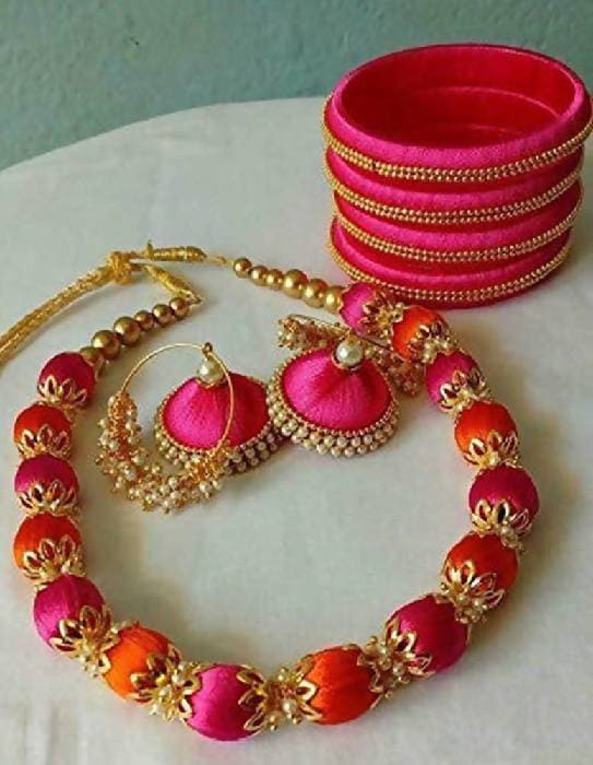Pink with Orange Silk Threaded Necklace, Earrings And Bangles