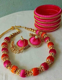 Thumbnail for Pink with Orange Silk Threaded Necklace, Earrings And Bangles