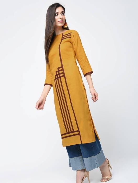 Aniyah Cotton Straight Mustard Color Kurta With Patchwork (AN-105K)