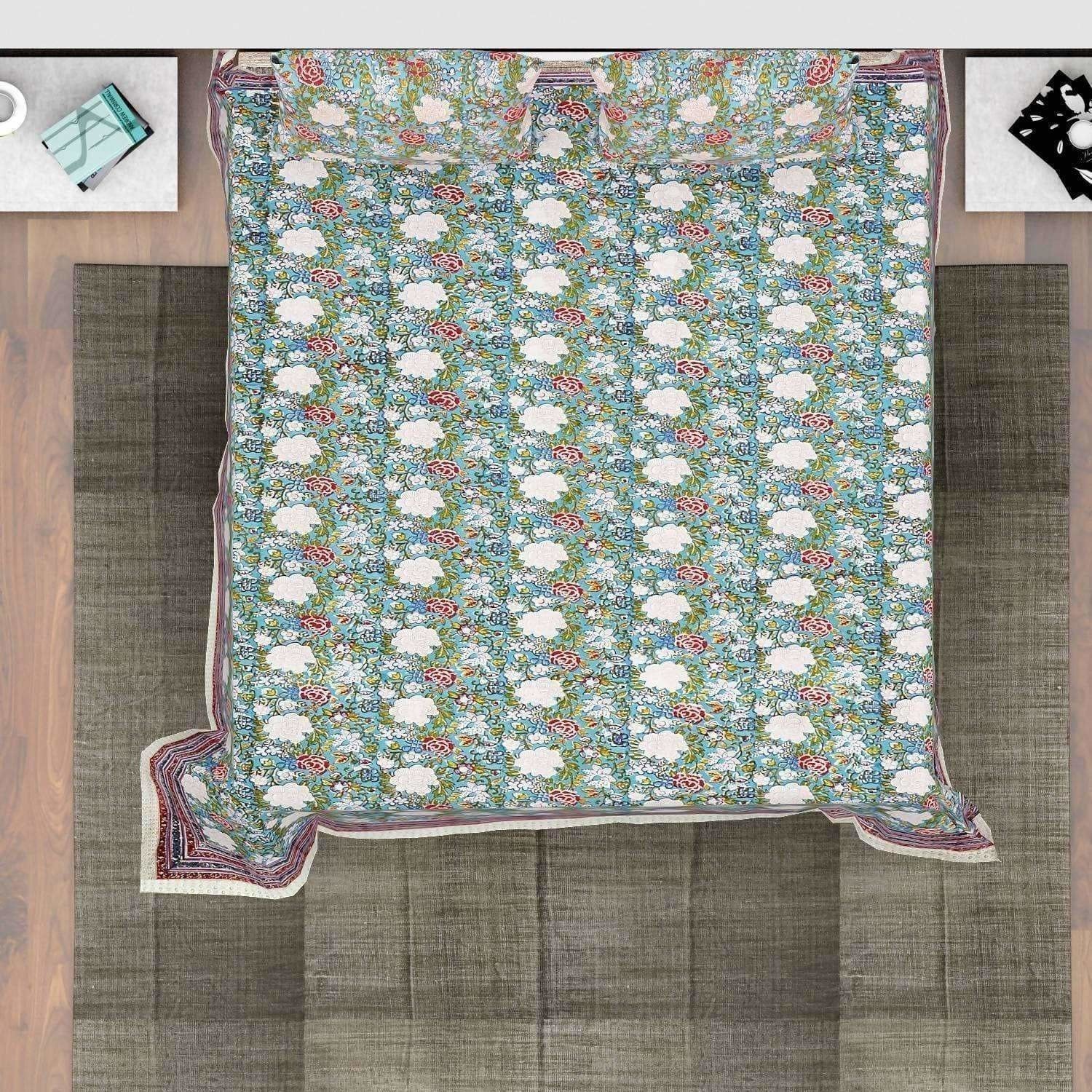 Premium Jaipuri Hand Block Printed Traditional Cotton Queen Bedsheet with 2 Pillow Covers - Distacart