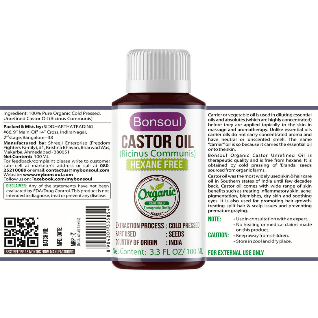 Bonsoul Castor Carrier Oil Hexane Free - Distacart