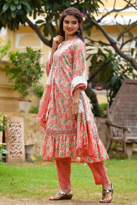 Thumbnail for Yufta Pink Printed Tiered Kurta with Trouser and Dupatta