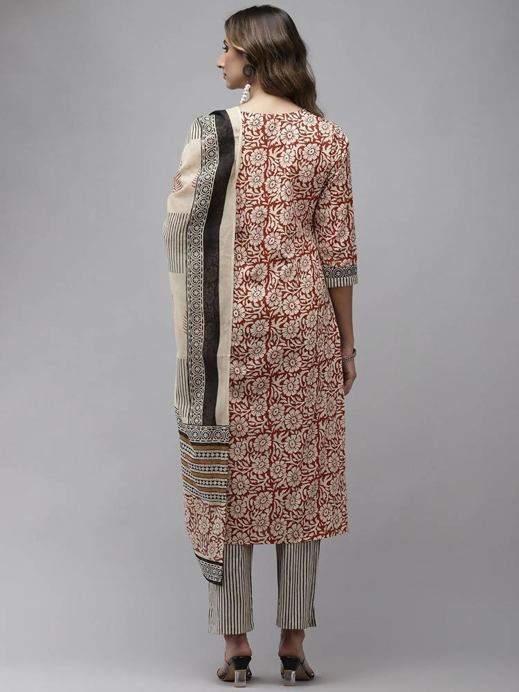 Yufta Women Beige And Rust Printed Kurta with Trouser & With Dupatta