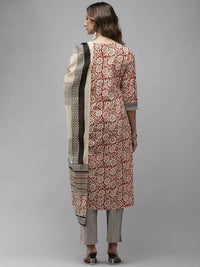 Thumbnail for Yufta Women Beige And Rust Printed Kurta with Trouser & With Dupatta